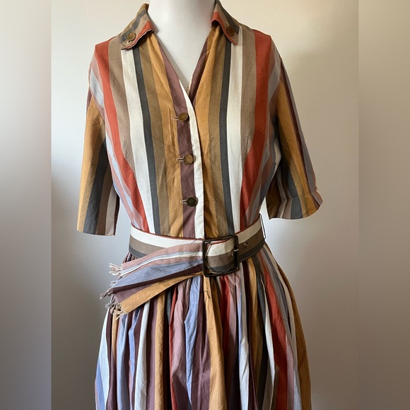 Vintage Carol Craig Striped Multicolor Midi Dress with Belt - Picture 3 of 14